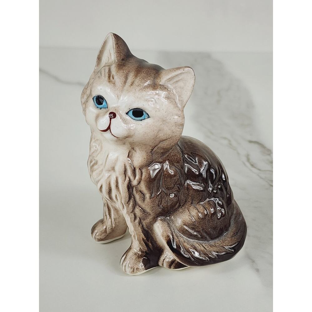 Mini Cat Kitty Kitten Figurine Blue Eyes 4" Brown Charm Porcelain 80's Vintage